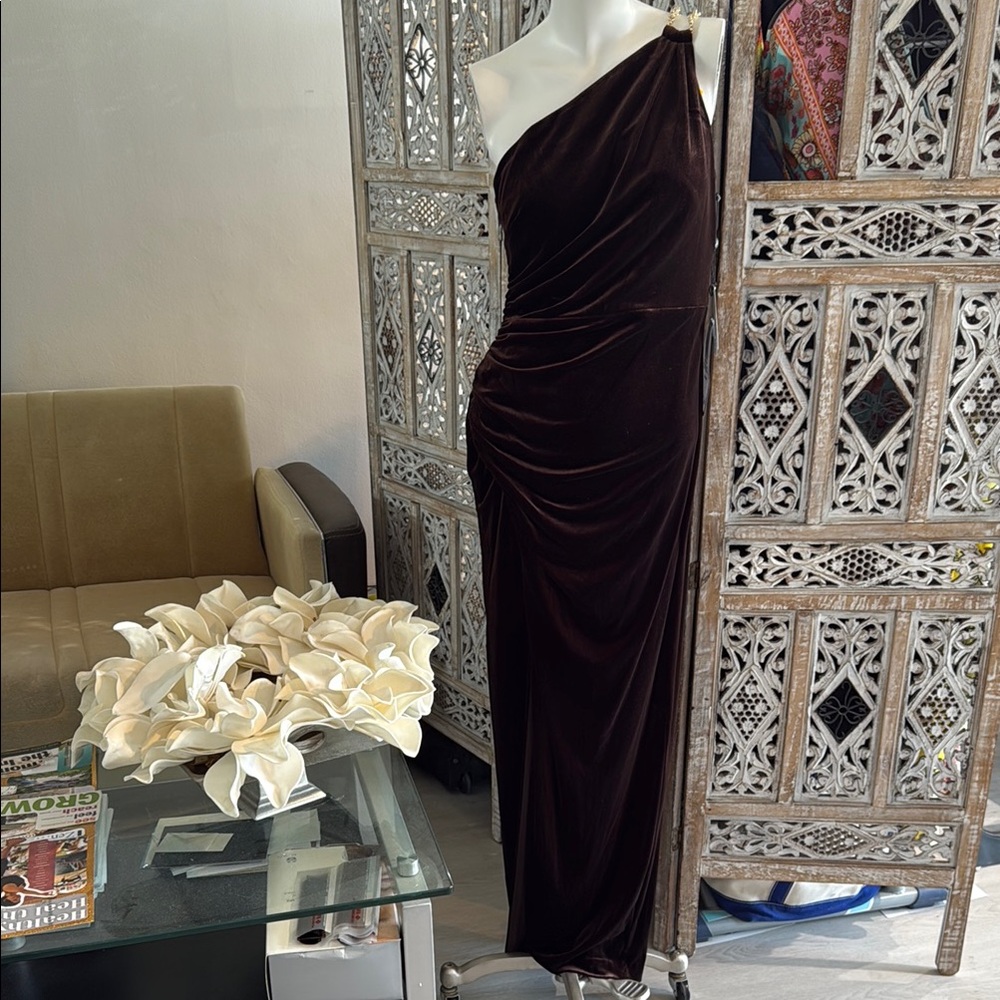 Adrianna Papell Chocolate brown Asymmetrical One-Shoulder Cocktail Gown